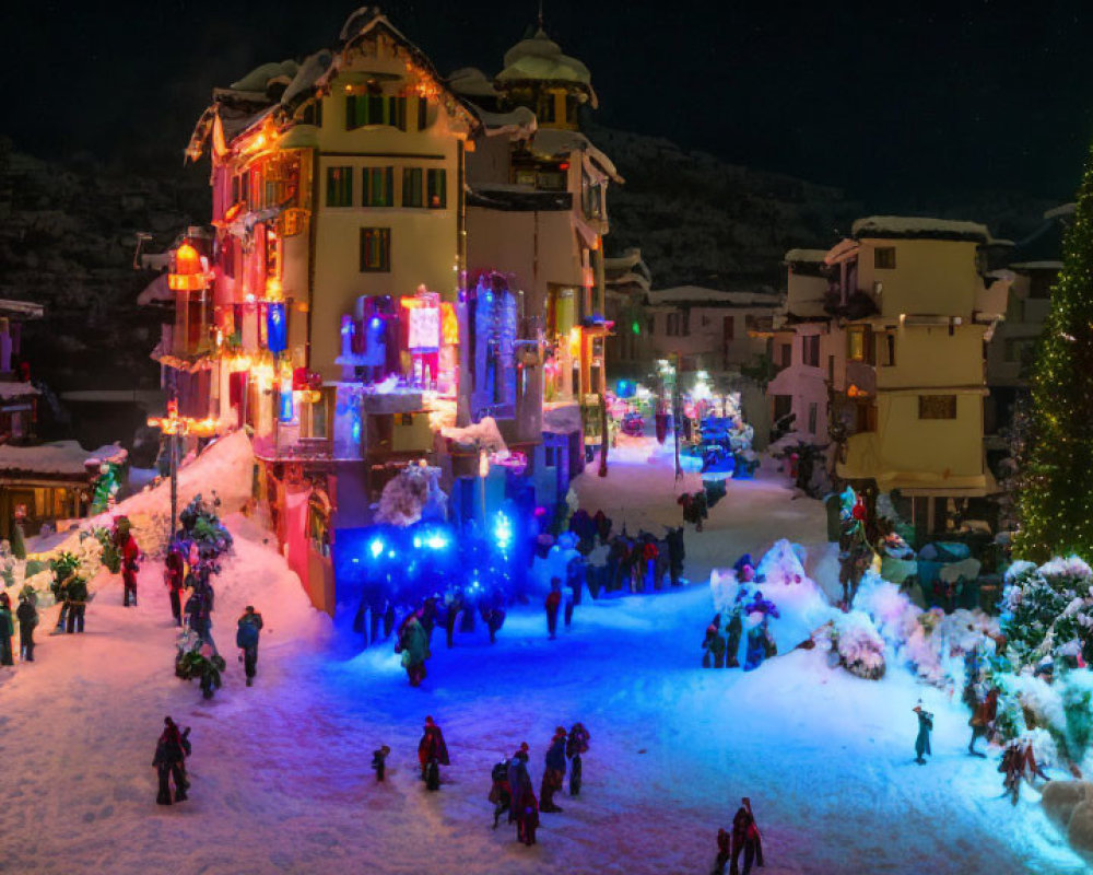 Snow-covered village night scene with colorful lights and Christmas tree