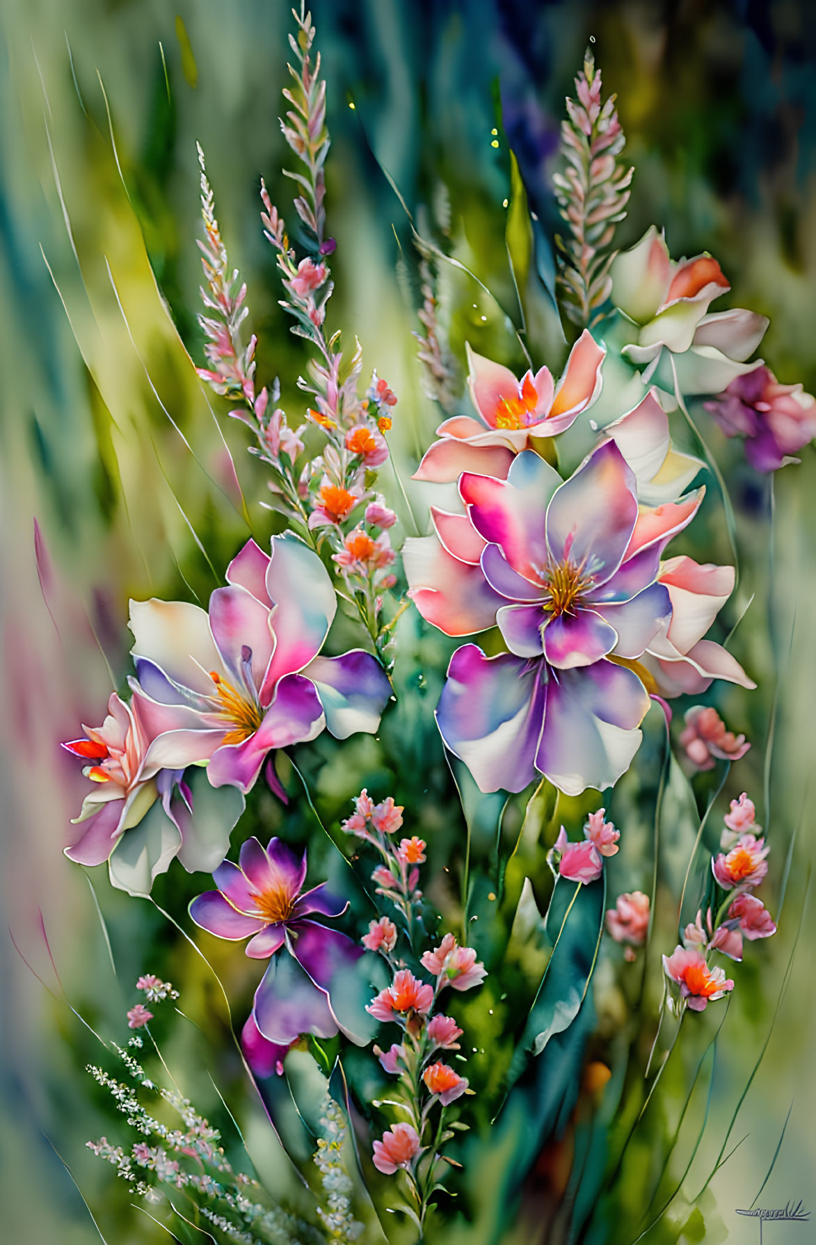 Assorted Flowers Painting with Pink and White Blossoms