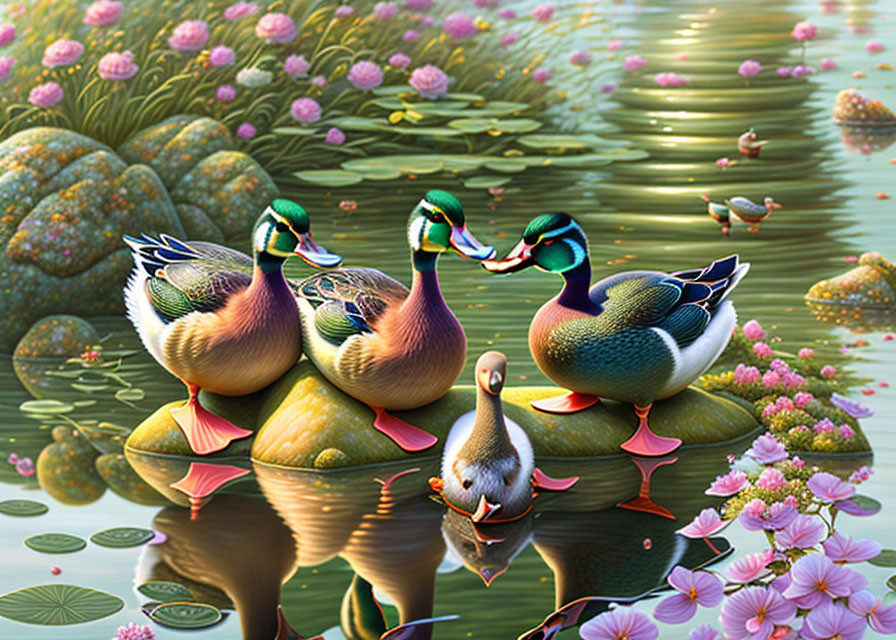 Vibrant Duck Pond Scene with Lotus Flowers and Lily Pads