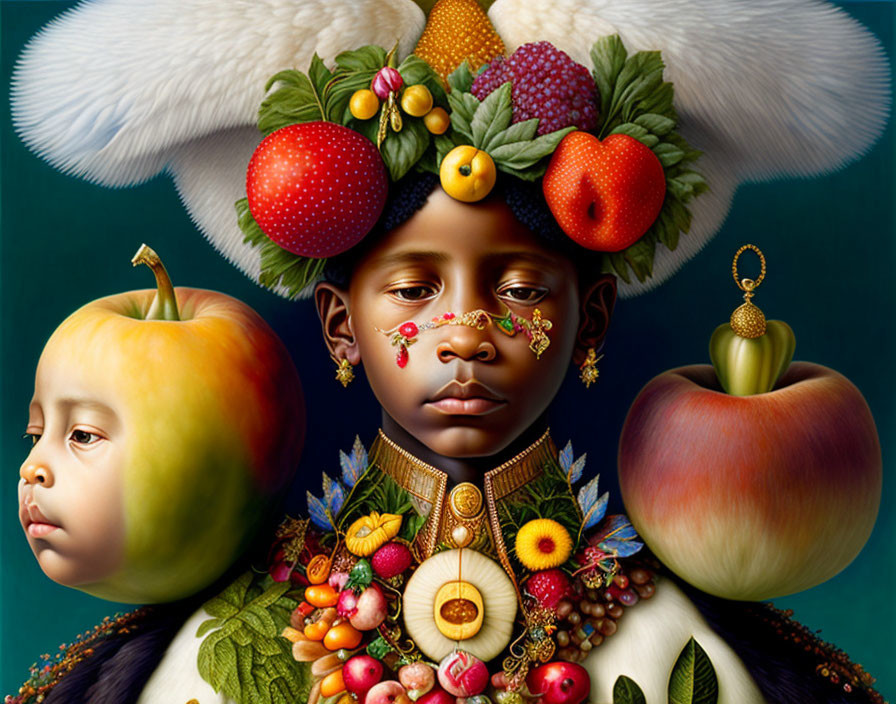 Surreal digital artwork of children with fruit and flower elements