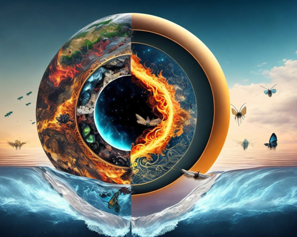 Surreal image of earth, water, space, and fire in circular frame