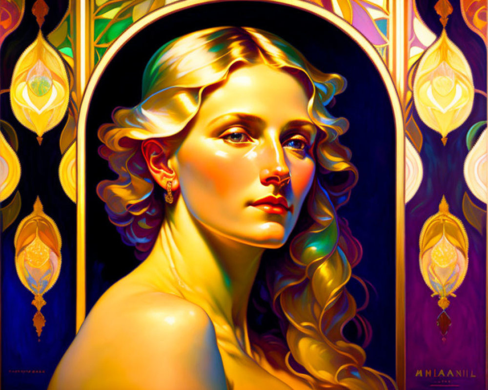 Vibrant Art Nouveau Woman Portrait with Golden Hair