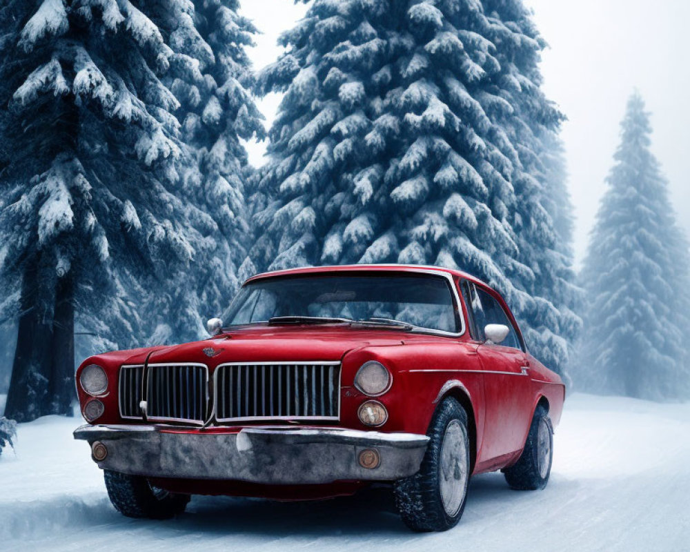 Vintage Red Car Parked on Snowy Road in Wintry Forest