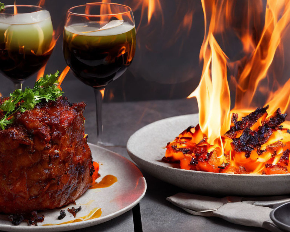 Glazed roasted ham with flames, red wine glasses on elegant table