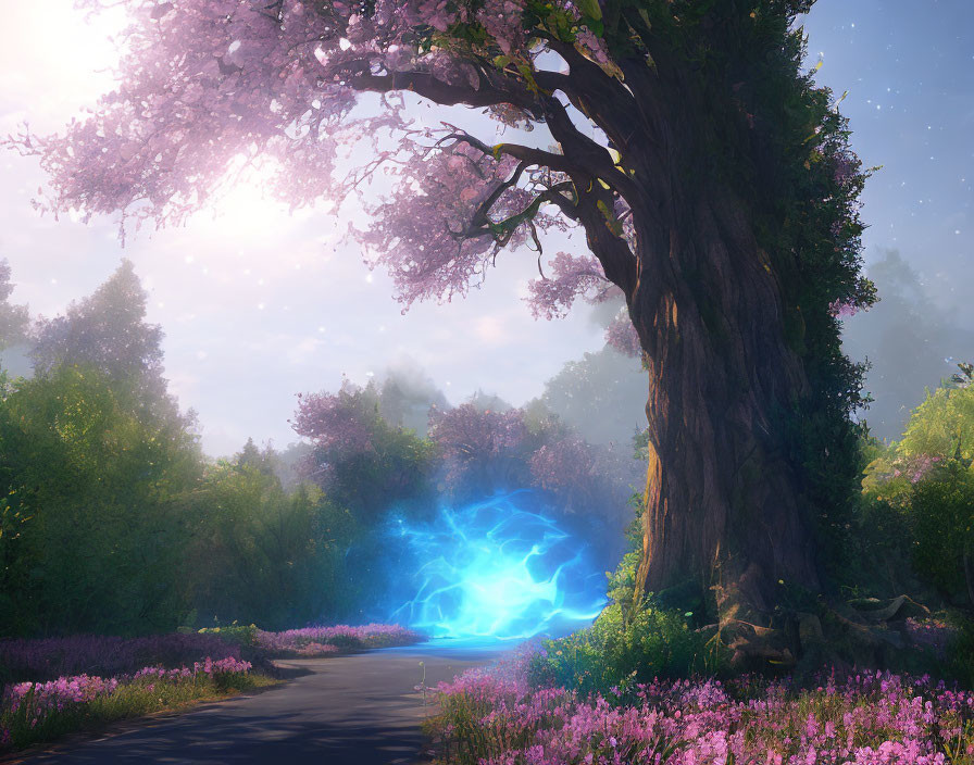 Majestic tree with pink blossoms and blue portal in serene landscape