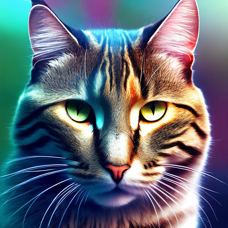 Colorful Digital Artwork: Cat with Yellow Eyes and Tabby Markings