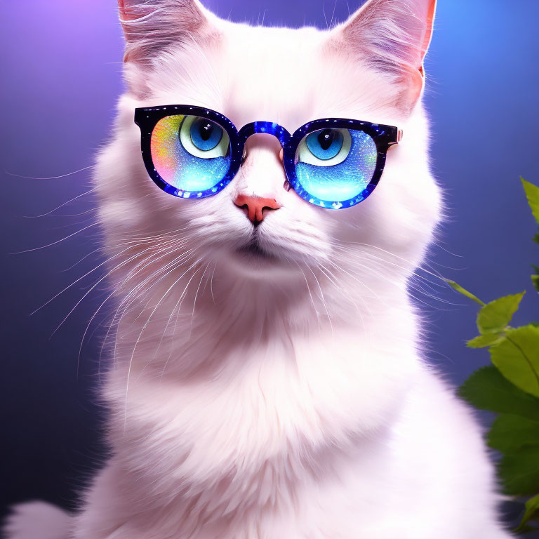 White Cat with Blue Eyes and Glasses on Blue-Purple Background