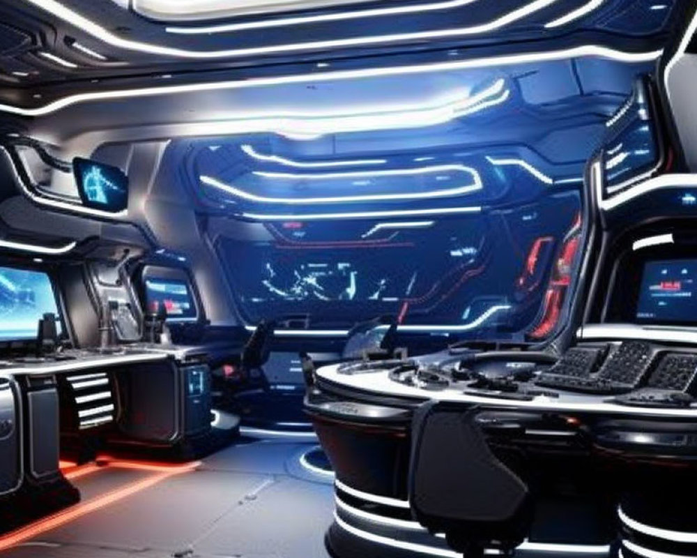 Futuristic spaceship bridge with illuminated panels and central command chair