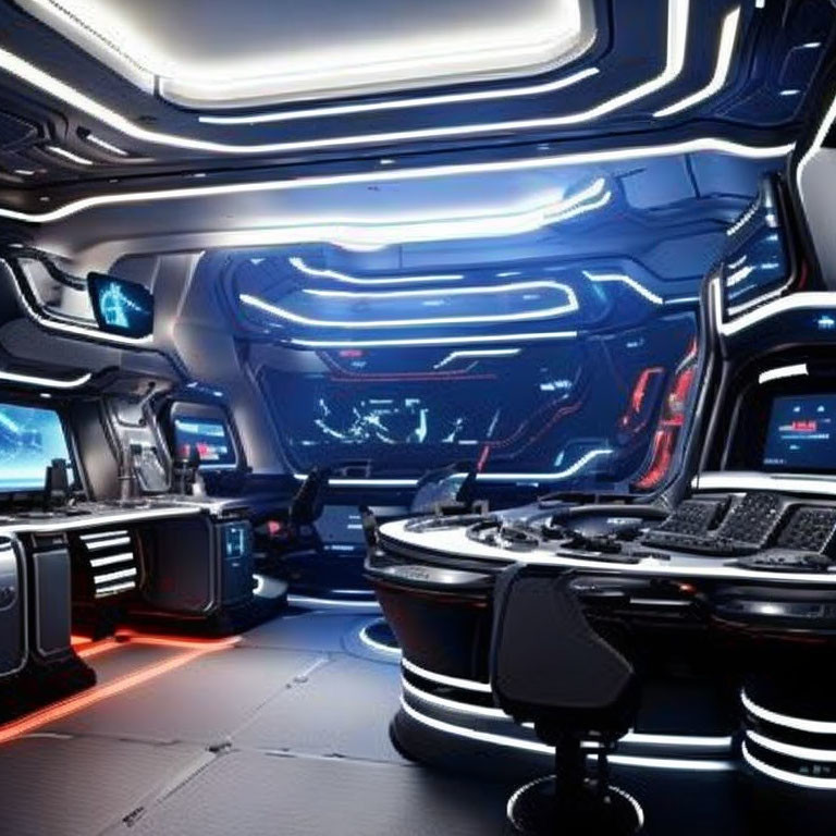 Futuristic spaceship bridge with illuminated panels and central command chair