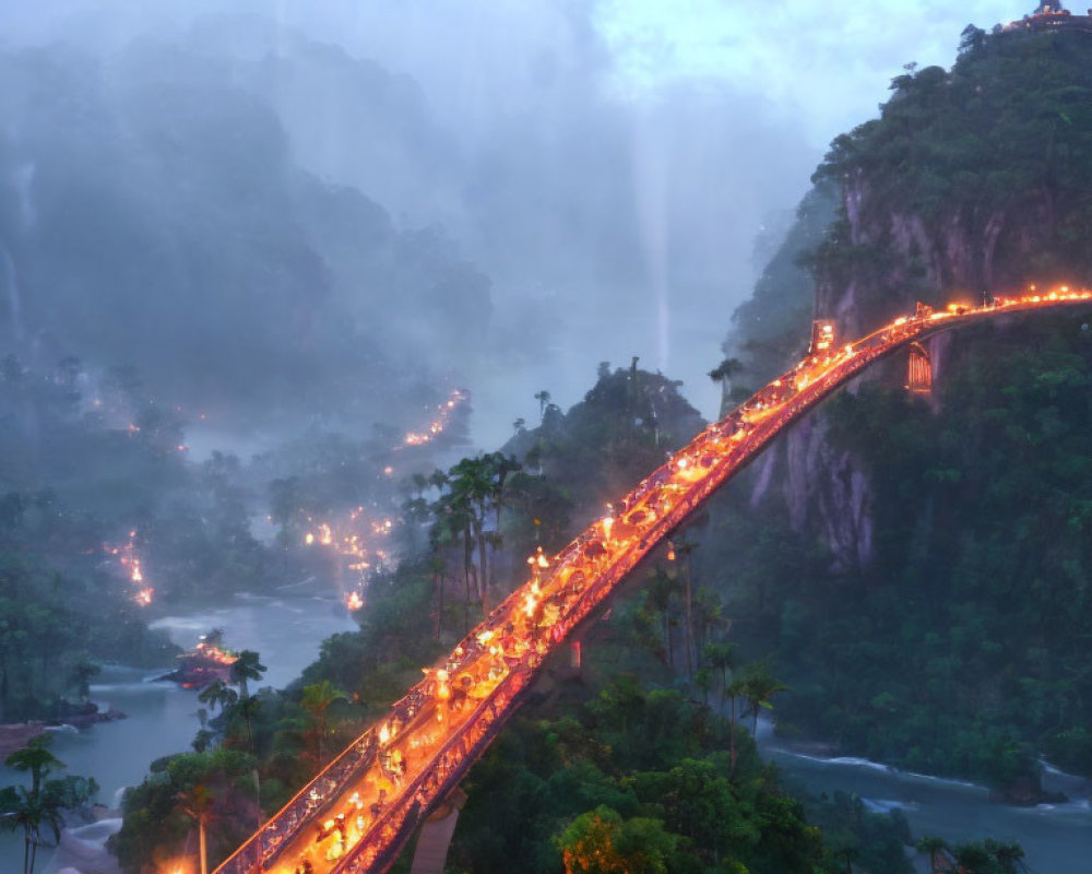 Illuminated bridge in misty tropical forest at dusk