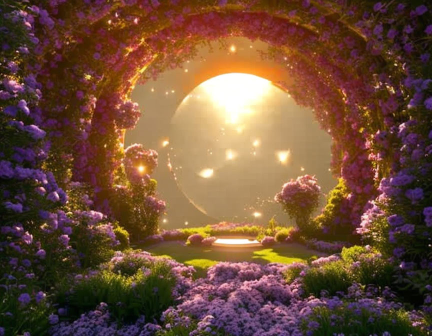 Purple Flower Garden Archway Overlooking Pond at Sunset