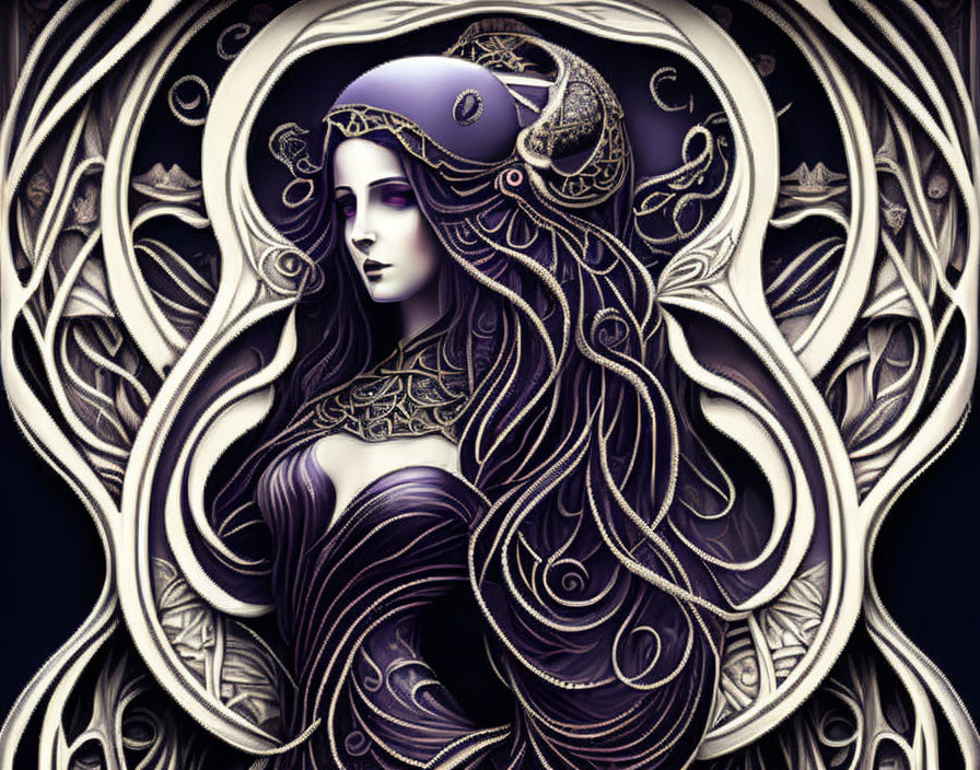 Detailed Art Nouveau Woman Illustration with Flowing Hair and Ornate Headdress