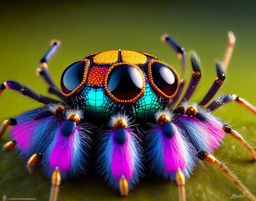 Colorful Jumping Spider with Blue-Green Eyes and Purple-Pink Leg Tufts on Green Background