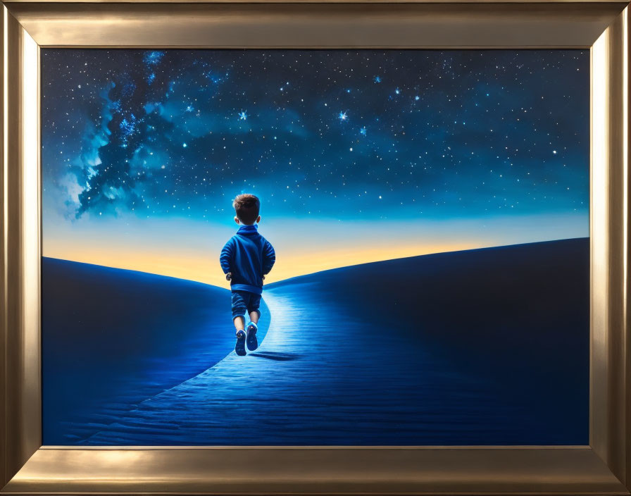 Child Running on Sand Dune Under Starry Night Sky Wall Art