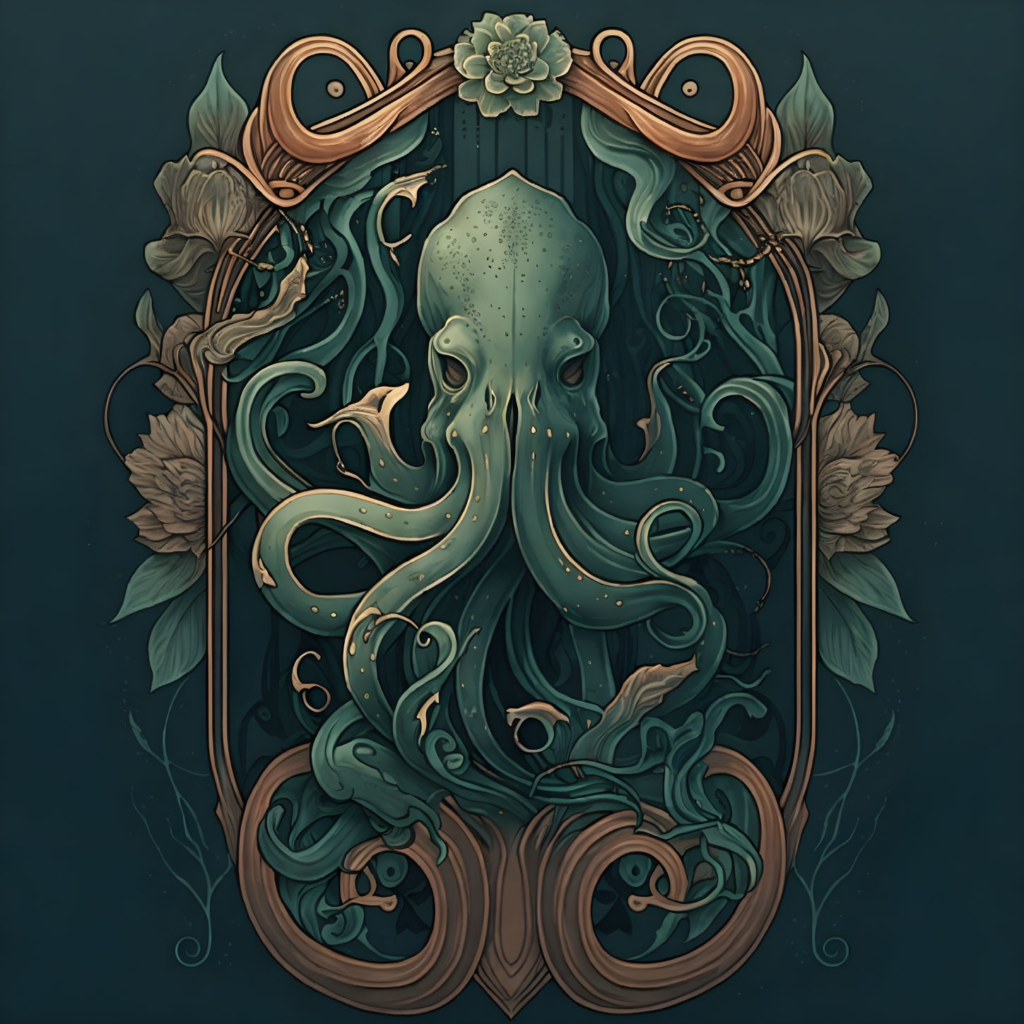 Ornate Art Nouveau octopus design with swirling tentacles in floral frame