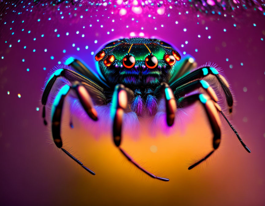 Vibrant iridescent spider on glittery purple and orange background