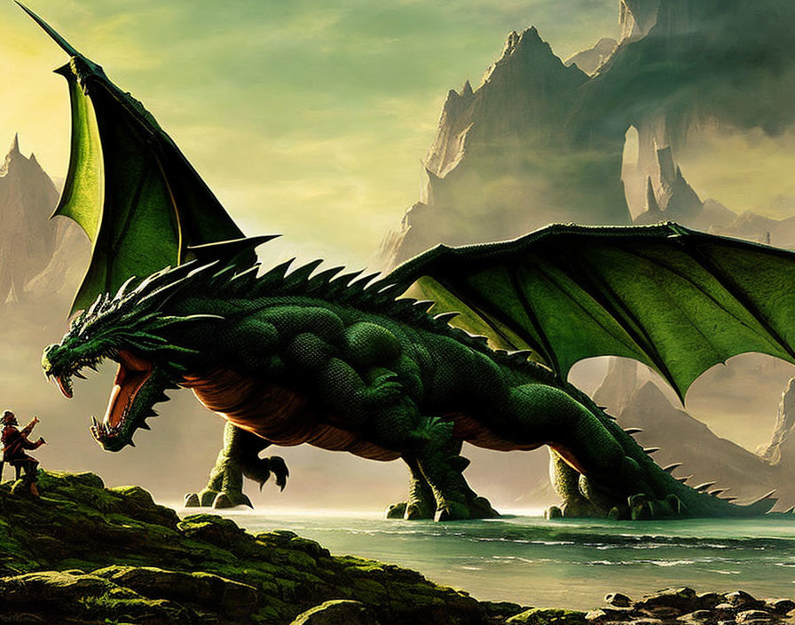 Person confronting large green dragon on rocky terrain with misty mountains.