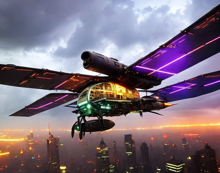 Futuristic aircraft with expansive wings and glowing neon edges flying over a dusky cityscape