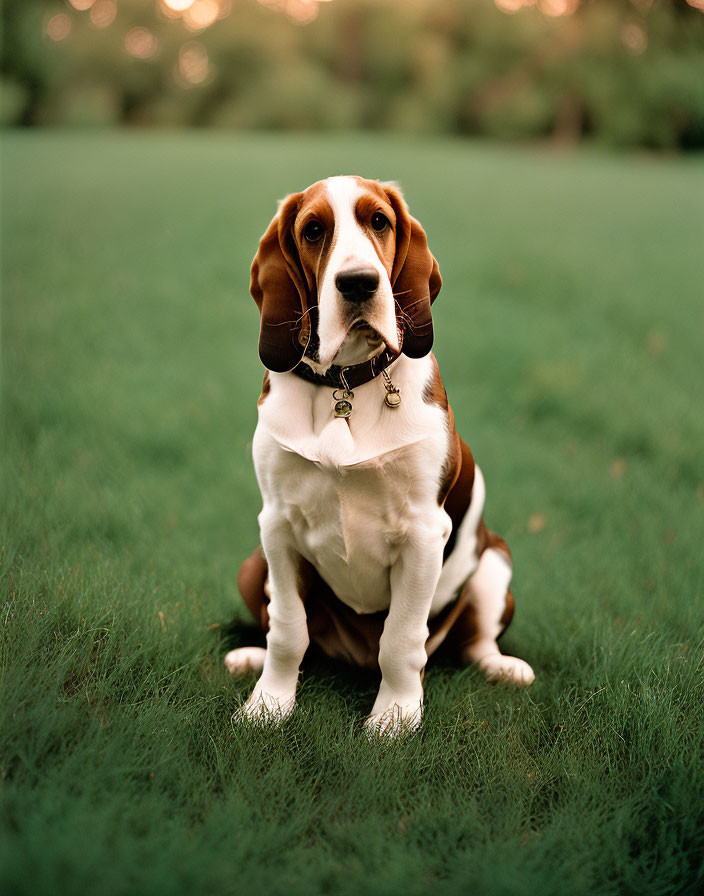 Beagle with Droopy Ears on Green Grass with Collar Tag