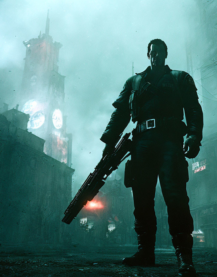 Man with large gun in dark dystopian cityscape with eerie neon signs.