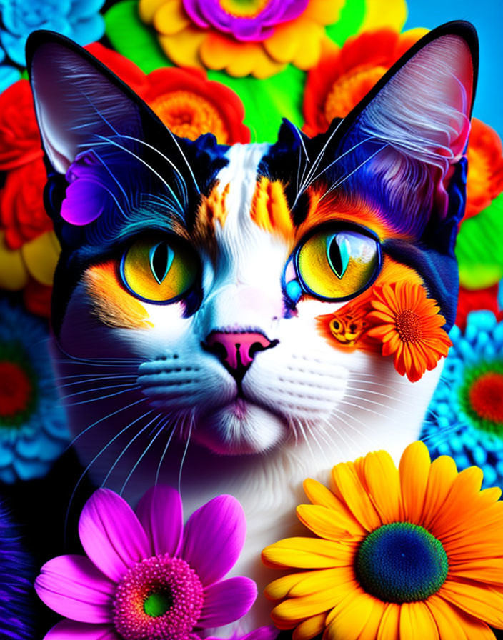 Colorful Cat Digital Art with Multicolored Face and Bright Flowers