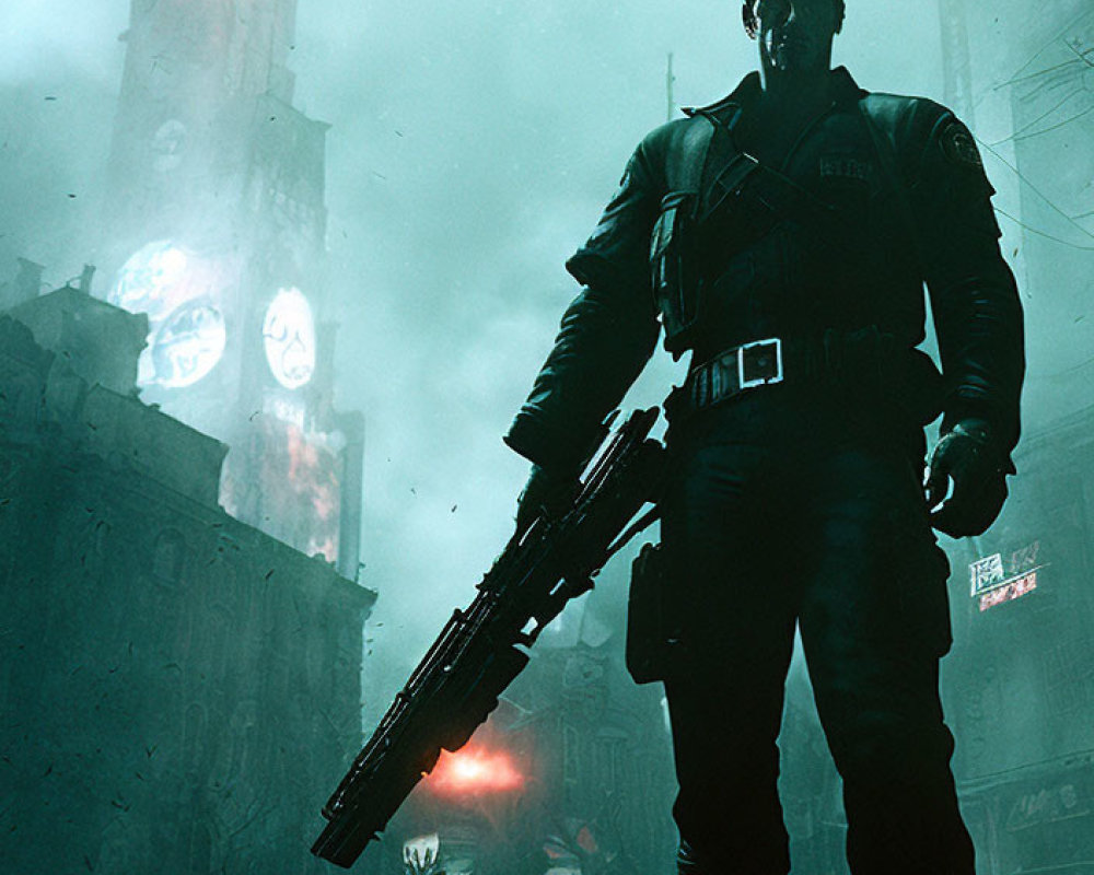 Man with large gun in dark dystopian cityscape with eerie neon signs.