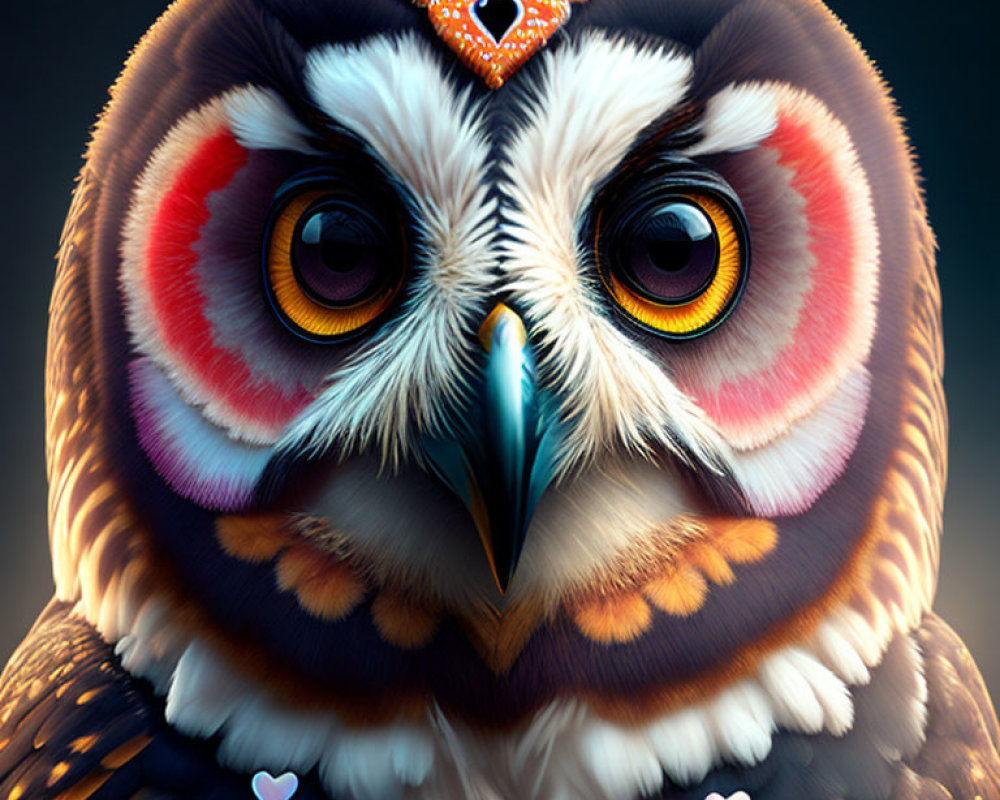 Colorful Owl Illustration with Heart-Shaped Feathers