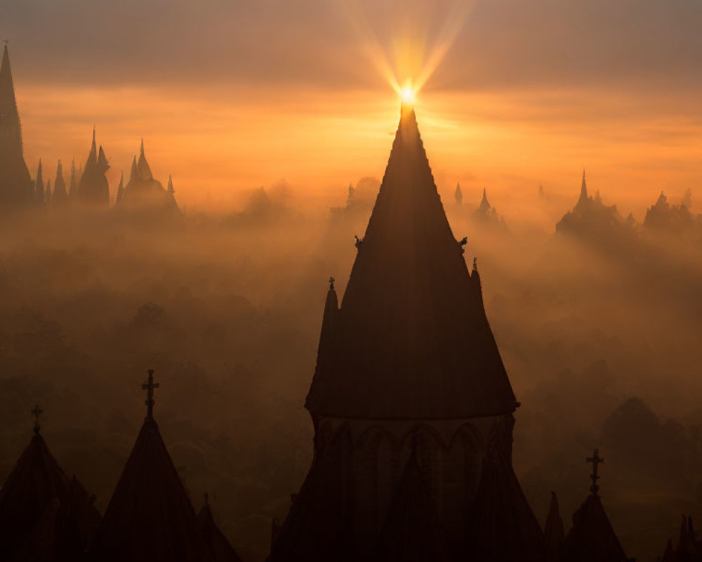 Misty Landscape with Ancient Spires in Golden Sunrise