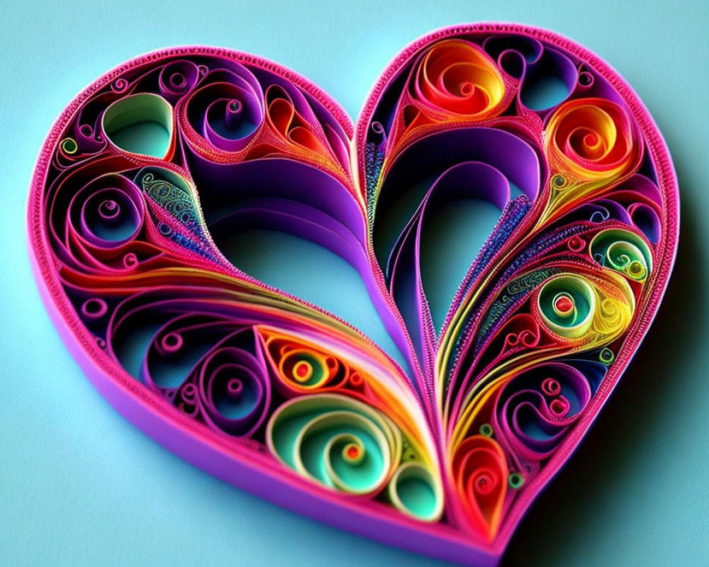 Colorful Heart-Shaped Paper Quilling Artwork on Teal Background