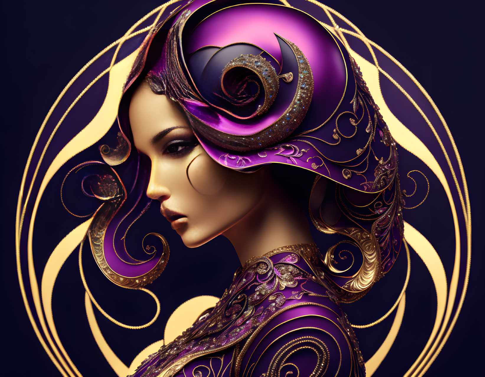 Elaborate purple and gold headdress on woman in digital artwork