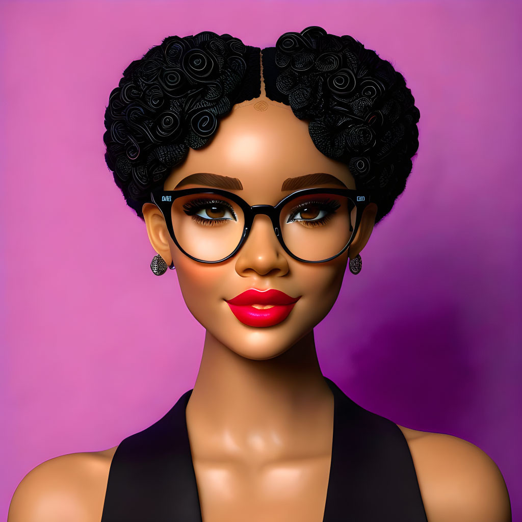 Stylized digital portrait of woman with curly black hair and round glasses on pink background