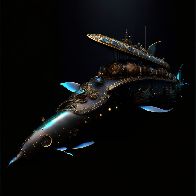 Futuristic bio-mechanical fish submarine in dark background