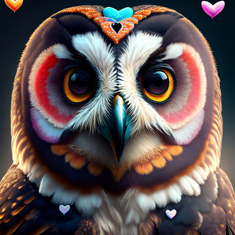 Colorful Owl Illustration with Heart-Shaped Feathers