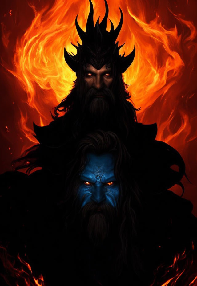 Fantasy character with horns in fiery orange and cool blue on dark background