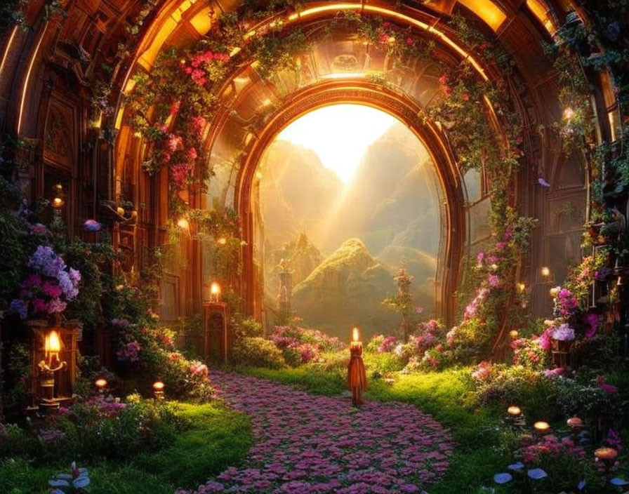 Person at entrance of flower-covered archway to sunny mountain landscape