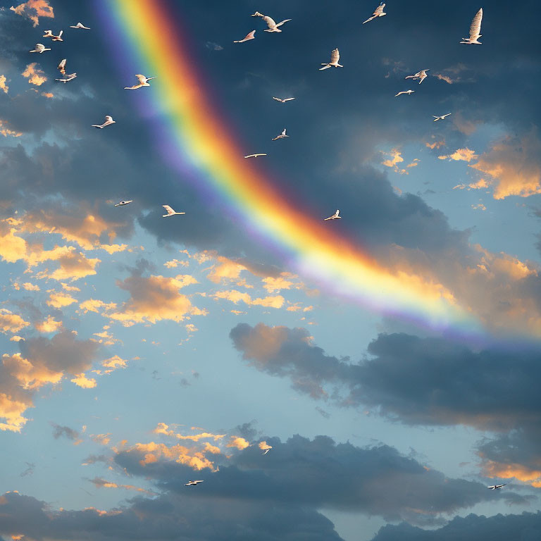 Colorful rainbow over stormy sky with flying birds