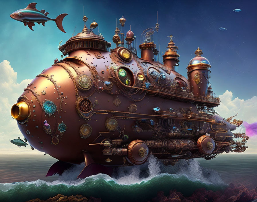 Steampunk submarine with ornate details in serene underwater scene