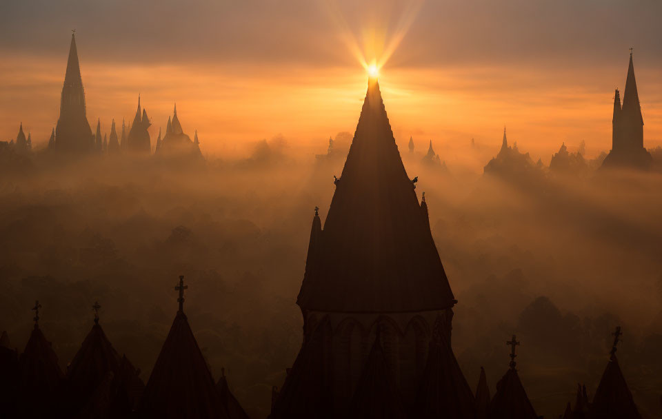 Misty Landscape with Ancient Spires in Golden Sunrise