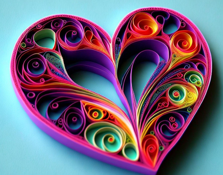 Colorful Heart-Shaped Paper Quilling Artwork on Teal Background