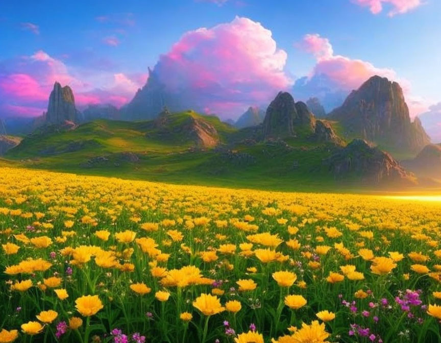 Scenic yellow flower field with mountains and colorful sky