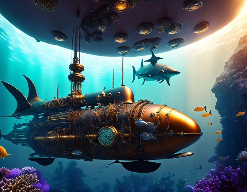 Steampunk submarine explores vibrant underwater scene with fish, shark, and coral reef.