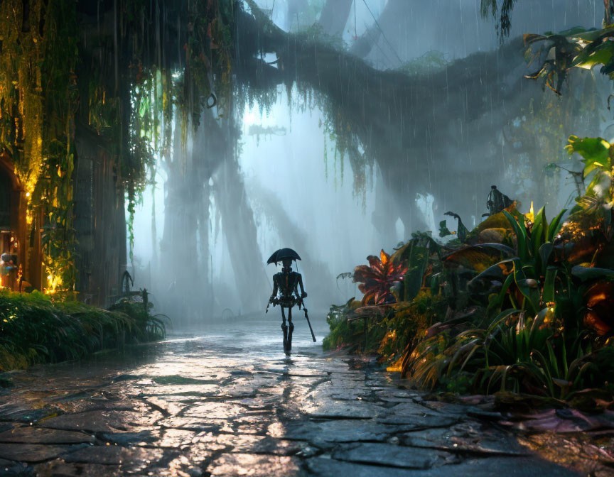 Person with umbrella on cobblestone path in misty alley with lanterns.