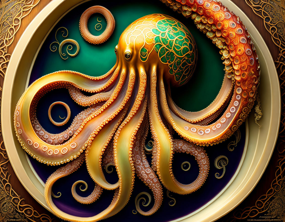 Colorful octopus artwork with intricate tentacles on dark green background