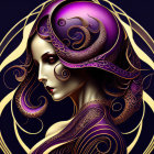 Elaborate purple and gold headdress on woman in digital artwork