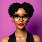 Stylized digital portrait of woman with curly black hair and round glasses on pink background