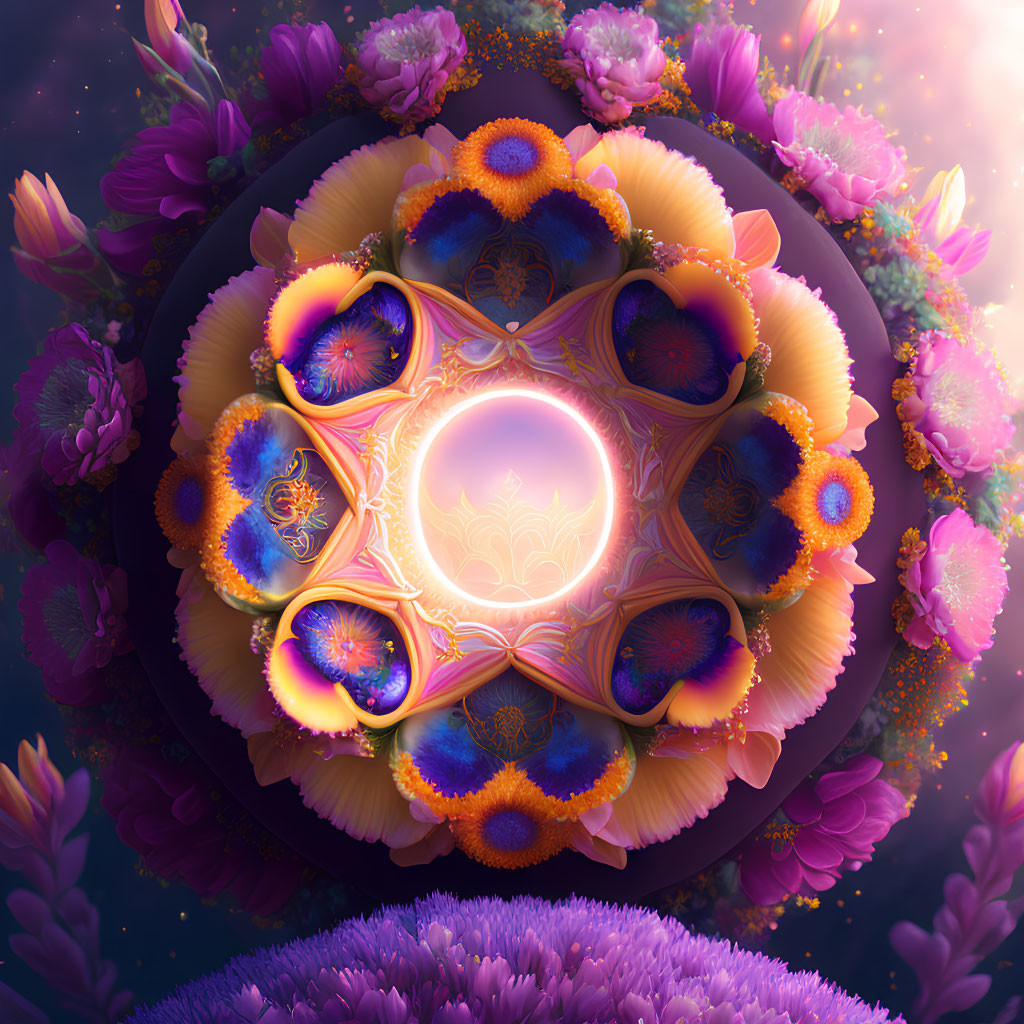 Colorful fractal art with glowing spheres and floral motifs on a cosmic purple backdrop