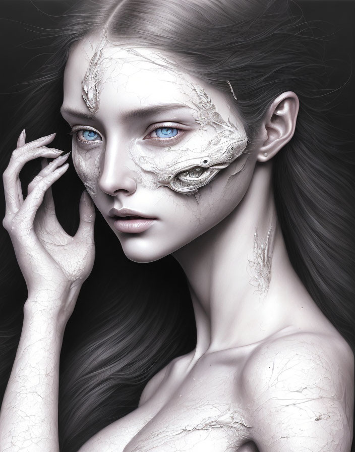 Monochrome image of woman with striking blue eyes and white cracked skin texture.