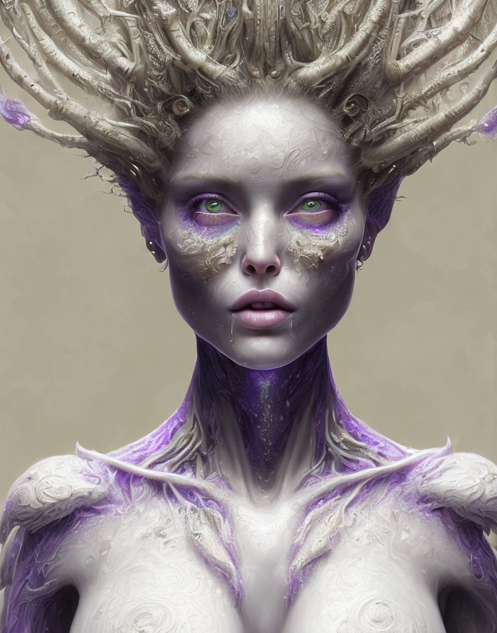 Purple-skinned figure with large eyes and intricate crown, adorned with white textured markings.