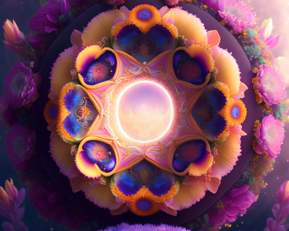 Colorful fractal art with glowing spheres and floral motifs on a cosmic purple backdrop