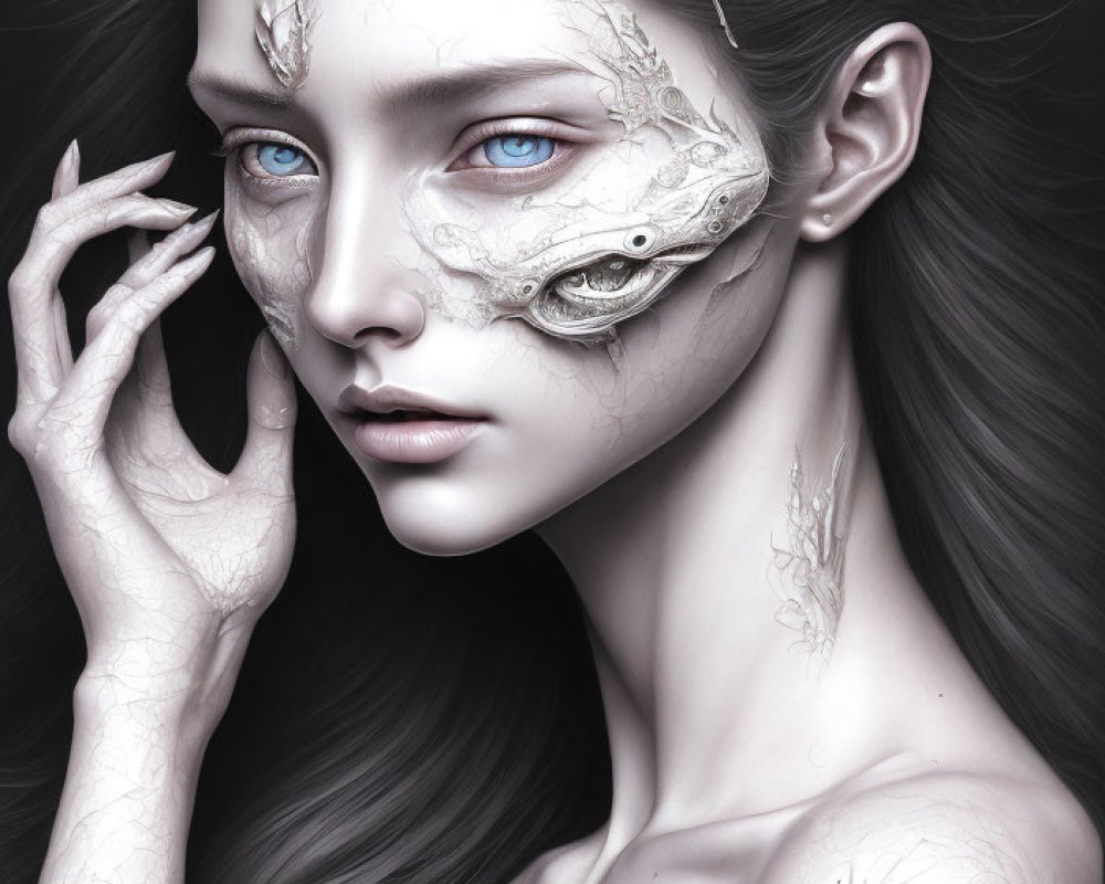 Monochrome image of woman with striking blue eyes and white cracked skin texture.